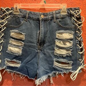 SHEIN Blue Lace-Up Distressed Jean Shorts